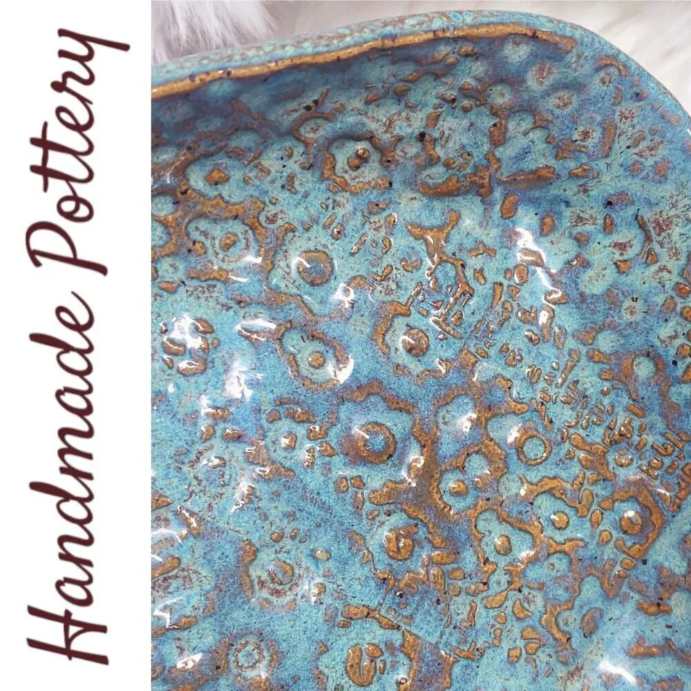 HANDMADE ARTISAN FOOTED TURQUOISE BROWNSTONE‎ TRAY Rectangular Glazed